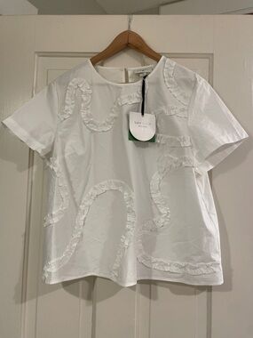 kate spade White Short Sleeve Ruffle-Trim Poplin Top